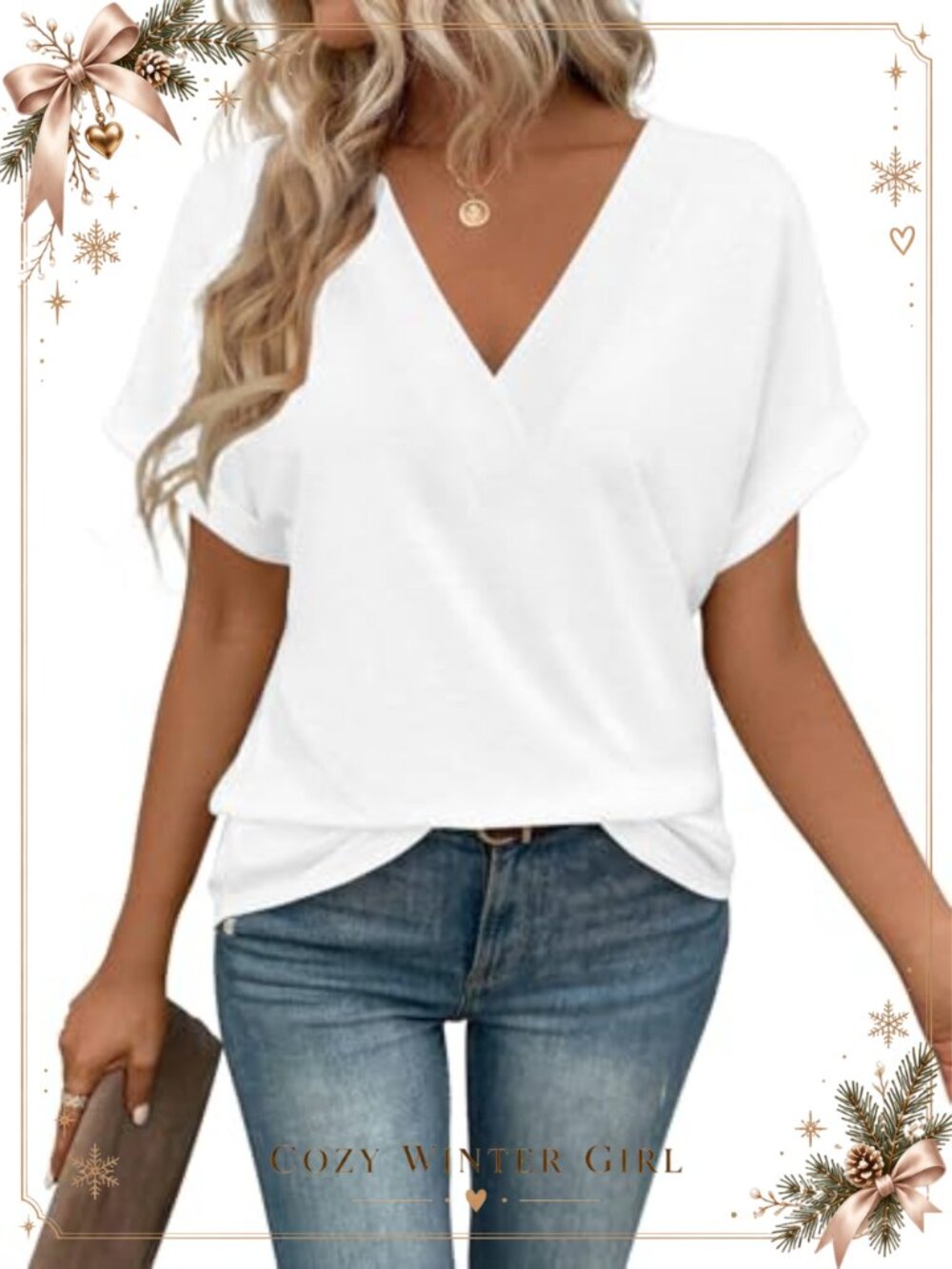 Womens V Neck Short Sleeve T Shirt Loose Fit Rolled Sleeve Casual Summer Tee